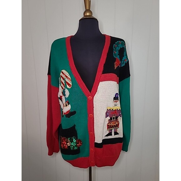 VTG Work In Progress Cardigan Sweater Knit Women Sz 2X Holiday Mistletoe Santa - Picture 1 of 12
